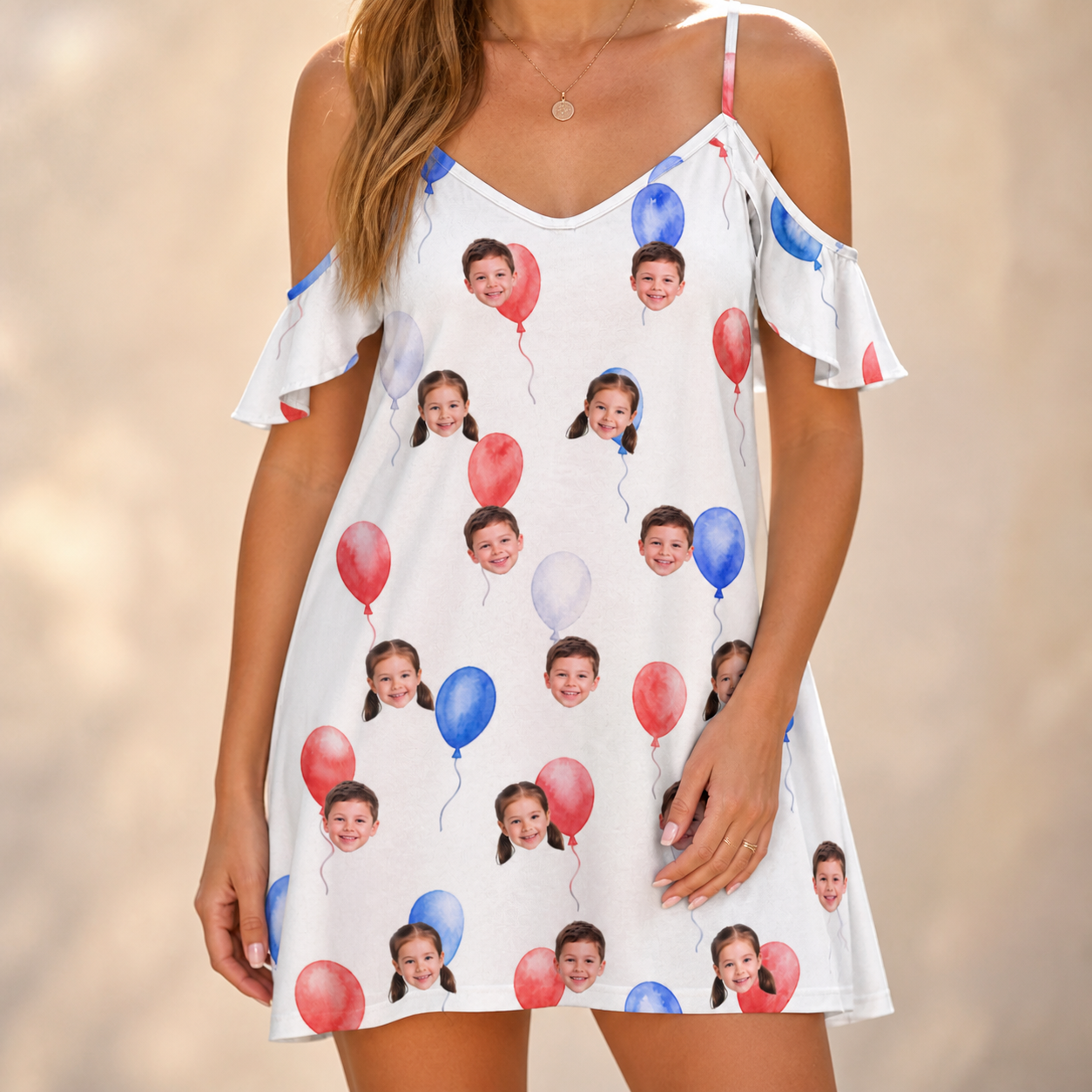 Model wearing Women's Rocket Ribbons Custom Face Off-Shoulder Dress printed with kids' faces