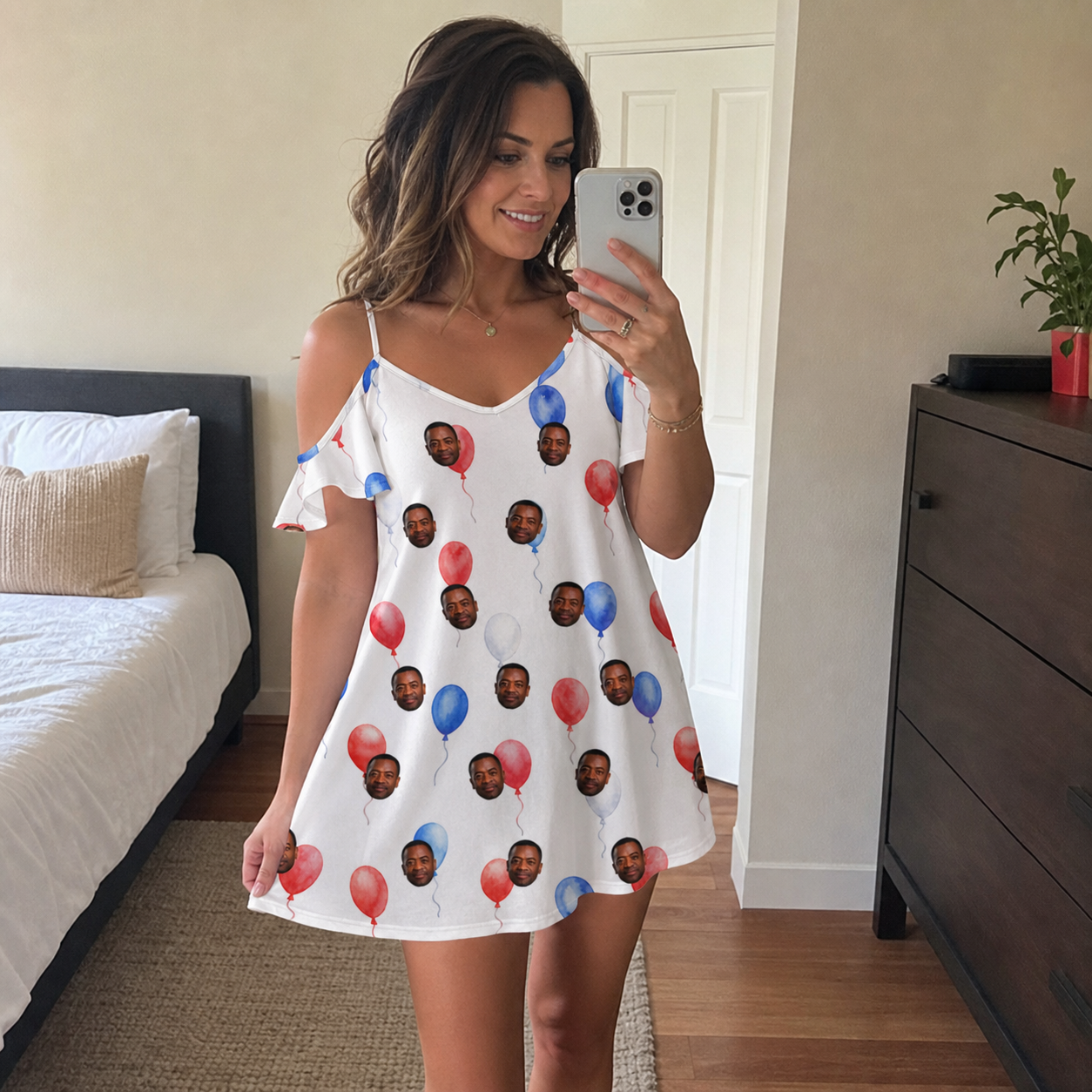 Real-life photo of someone wearing Women's Rocket Ribbons Custom Face Off-Shoulder Dress — custom faces printed all-over