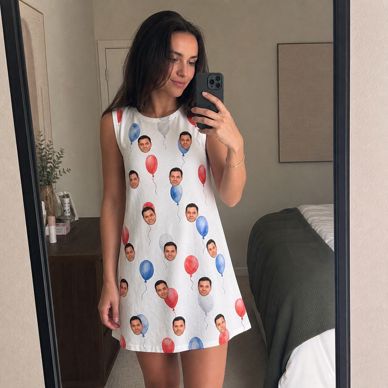 Real-life photo of someone wearing Women's Rocket Ribbons Custom Face Tank Dress — custom faces printed all-over