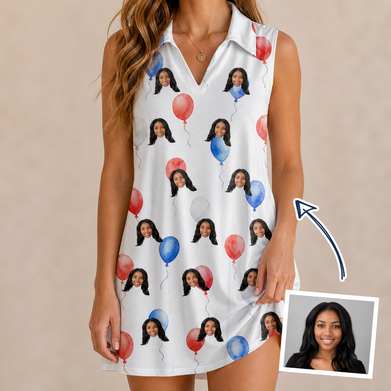 Woman wearing Women's Rocket Ribbons Custom Face V-Neck Dress — custom faces printed all-over