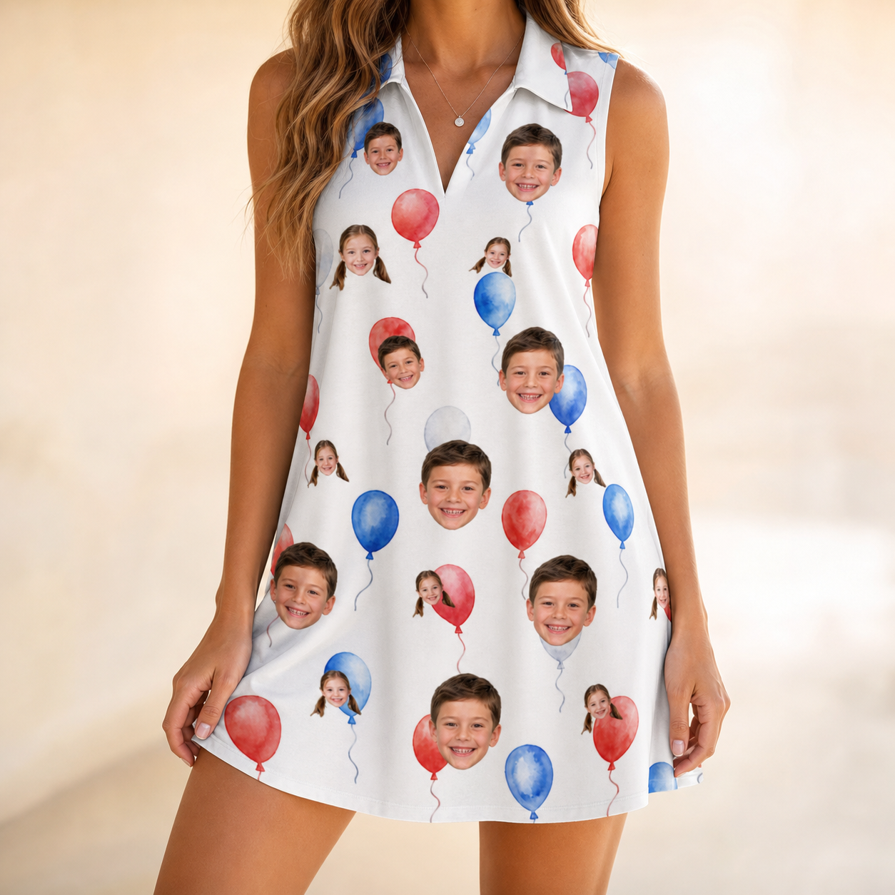 Model wearing Women's Rocket Ribbons Custom Face V-Neck Dress printed with kids' faces