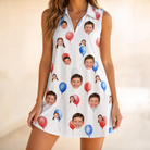Model wearing Women's Rocket Ribbons Custom Face V-Neck Dress printed with kids' faces