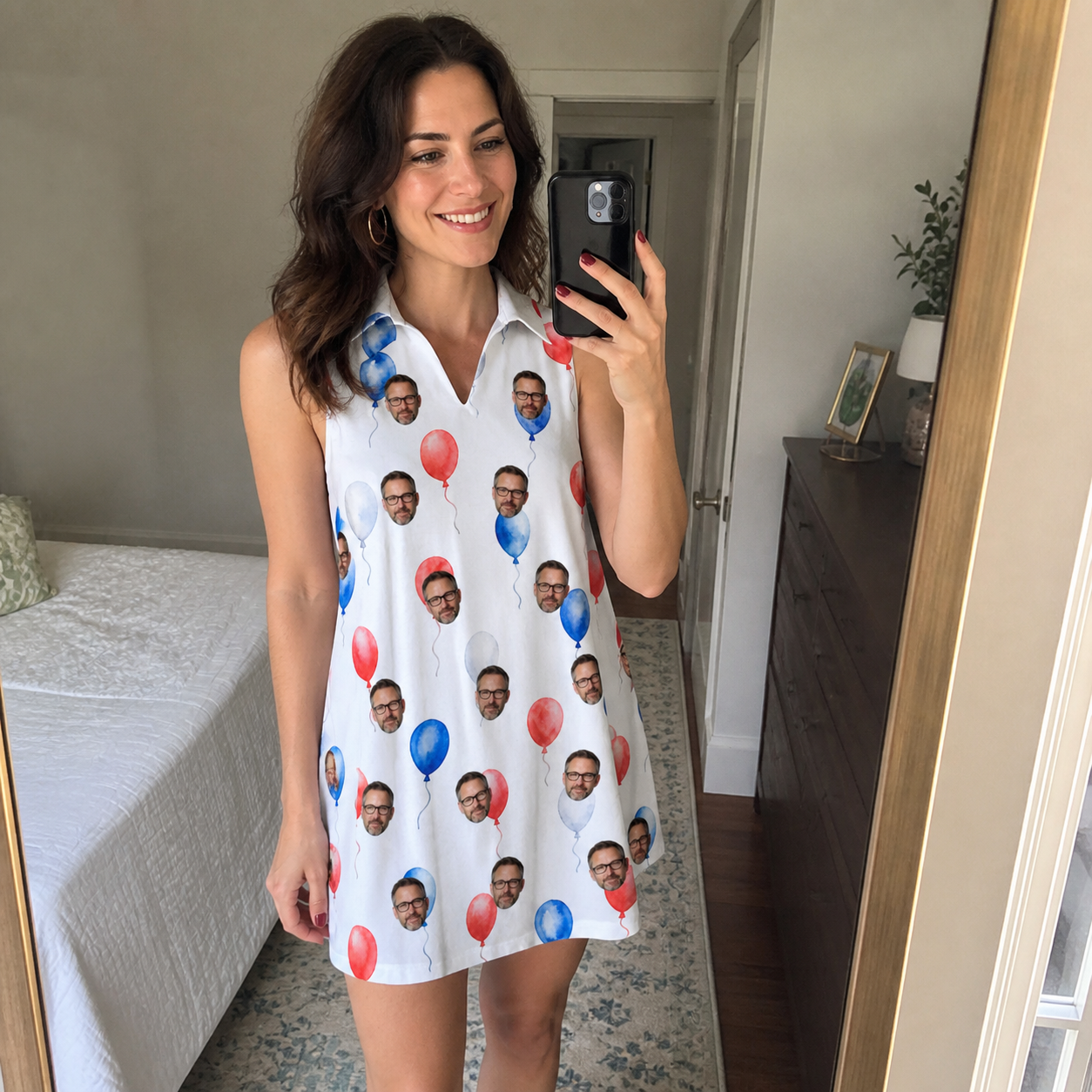Real-life photo of someone wearing Women's Rocket Ribbons Custom Face V-Neck Dress — custom faces printed all-over