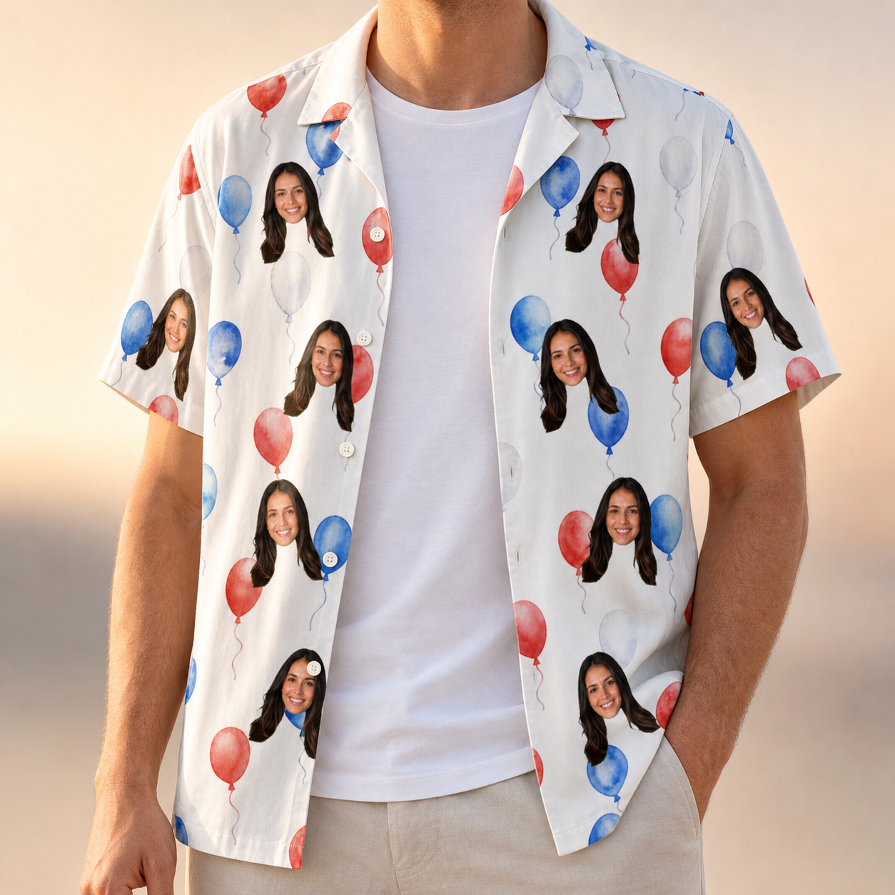Man wearing Men's Rocket Ribbons Custom Face Hawaiian Shirt open over a white tee