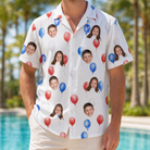 Model wearing Men's Rocket Ribbons Custom Face Hawaiian Shirt printed with kids' faces