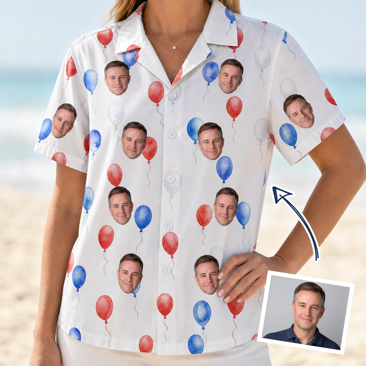 Woman wearing Women's Rocket Ribbons Custom Face Hawaiian Shirt — custom faces printed all-over