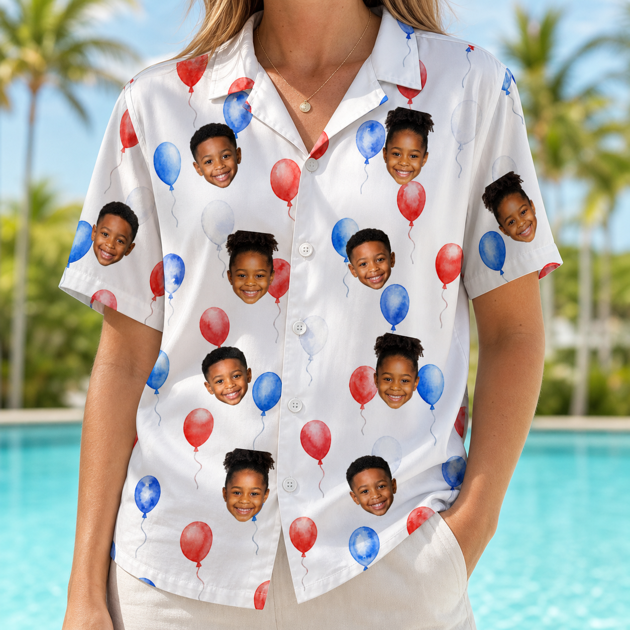 Model wearing Women's Rocket Ribbons Custom Face Hawaiian Shirt printed with kids' faces