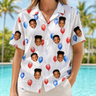 Model wearing Women's Rocket Ribbons Custom Face Hawaiian Shirt printed with kids' faces