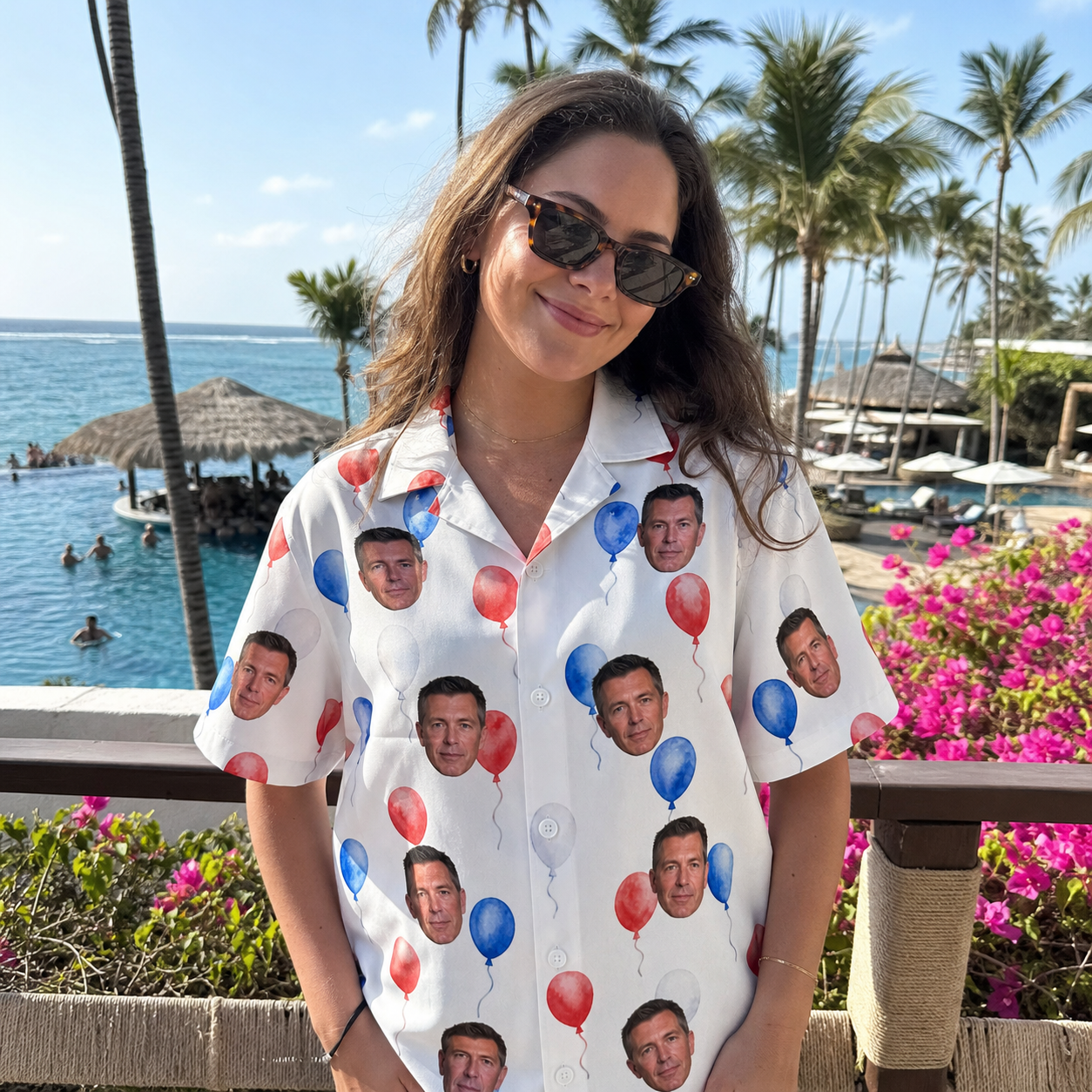 Real-life photo of someone wearing Women's Rocket Ribbons Custom Face Hawaiian Shirt — custom faces printed all-over