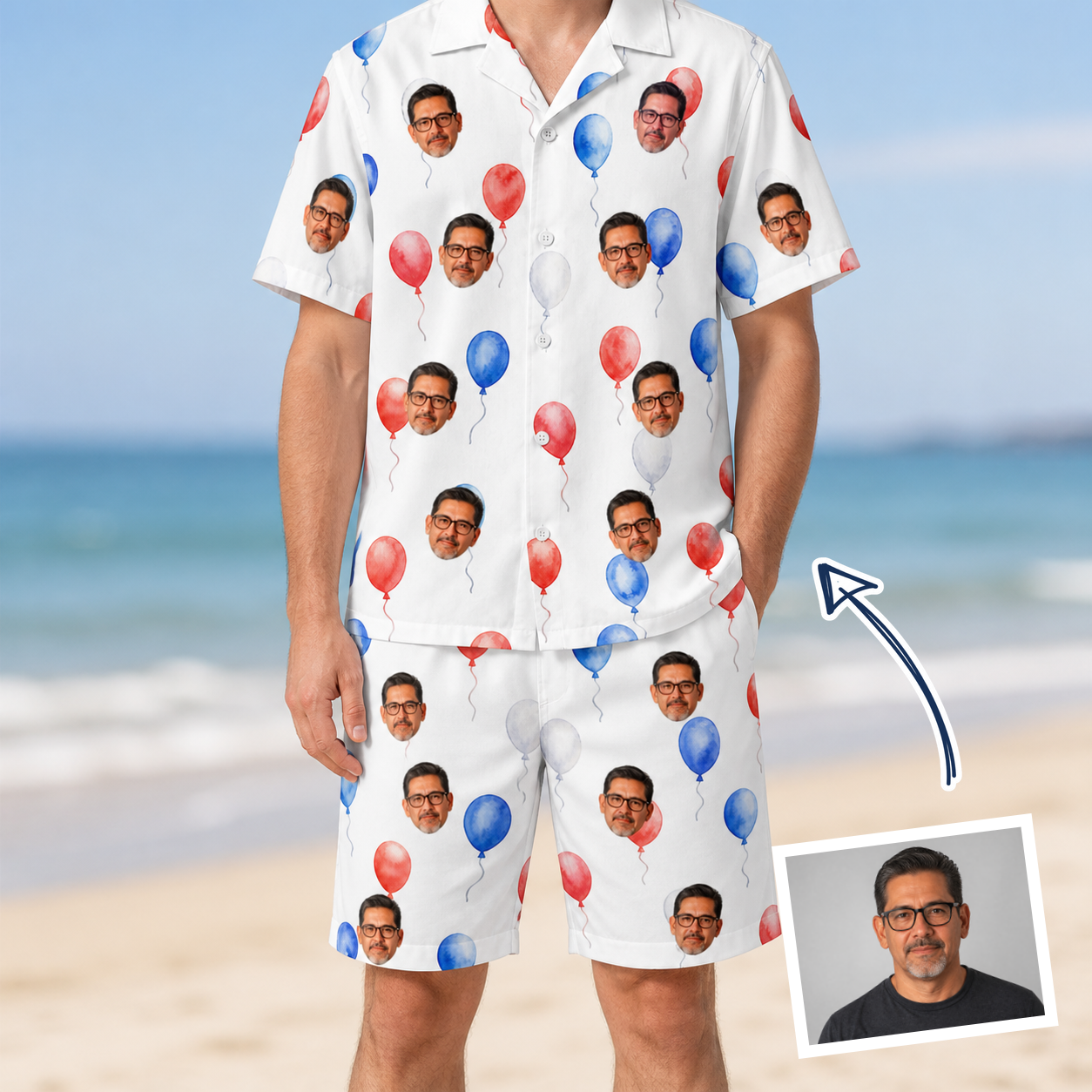 Man wearing Men's Rocket Ribbons Custom Face Shirt & Shorts Set — custom faces printed all-over