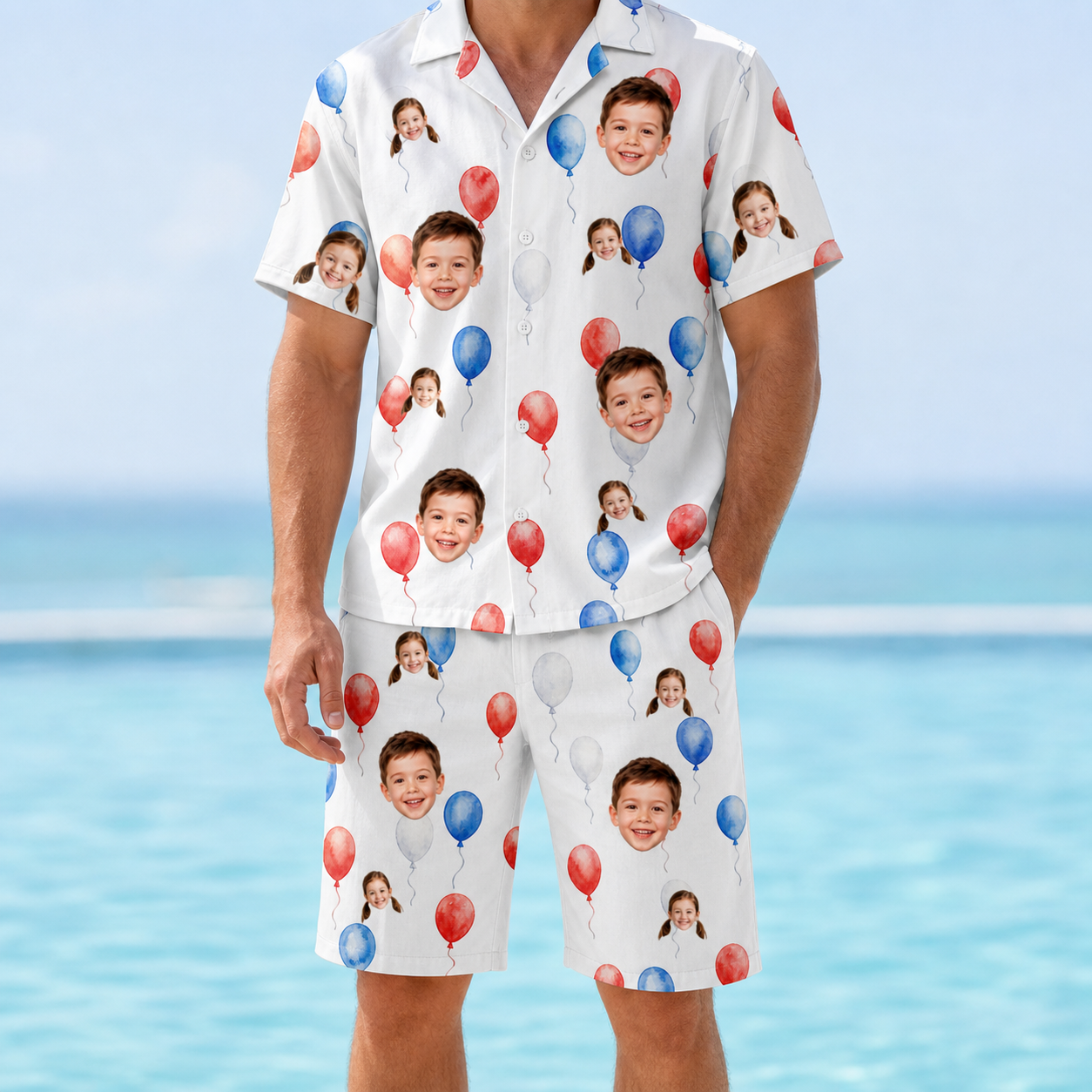 Model wearing Men's Rocket Ribbons Custom Face Shirt & Shorts Set printed with kids' faces