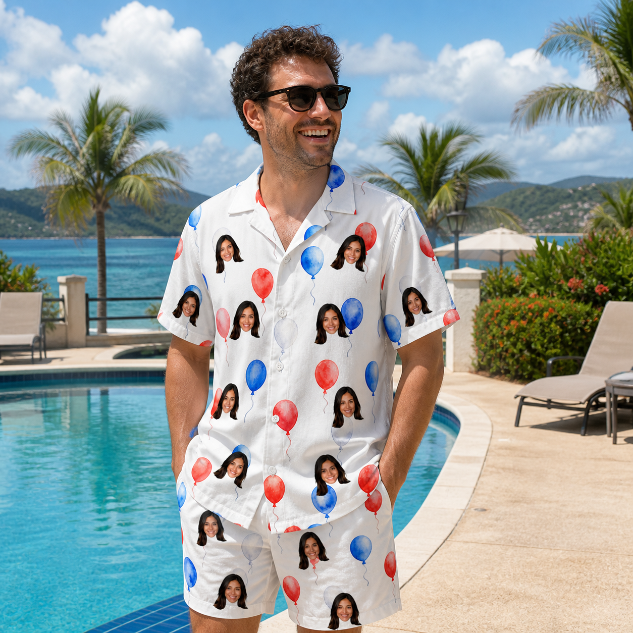 Real-life photo of someone wearing Men's Rocket Ribbons Custom Face Shirt & Shorts Set — custom faces printed all-over