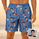 Man wearing Men's Patriot Pop Custom Face Beach Shorts — custom faces printed all-over