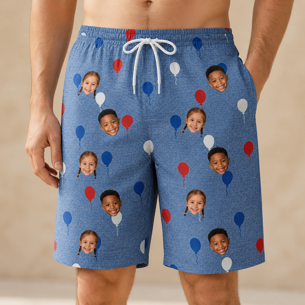 Model wearing Men's Patriot Pop Custom Face Beach Shorts printed with kids' faces