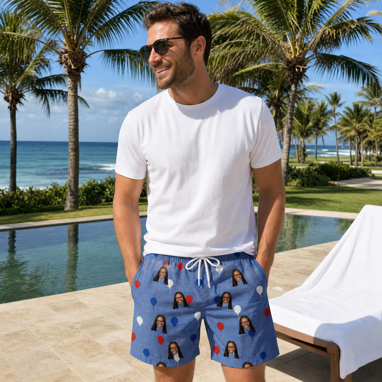 Real-life photo of someone wearing Men's Patriot Pop Custom Face Beach Shorts — custom faces printed all-over