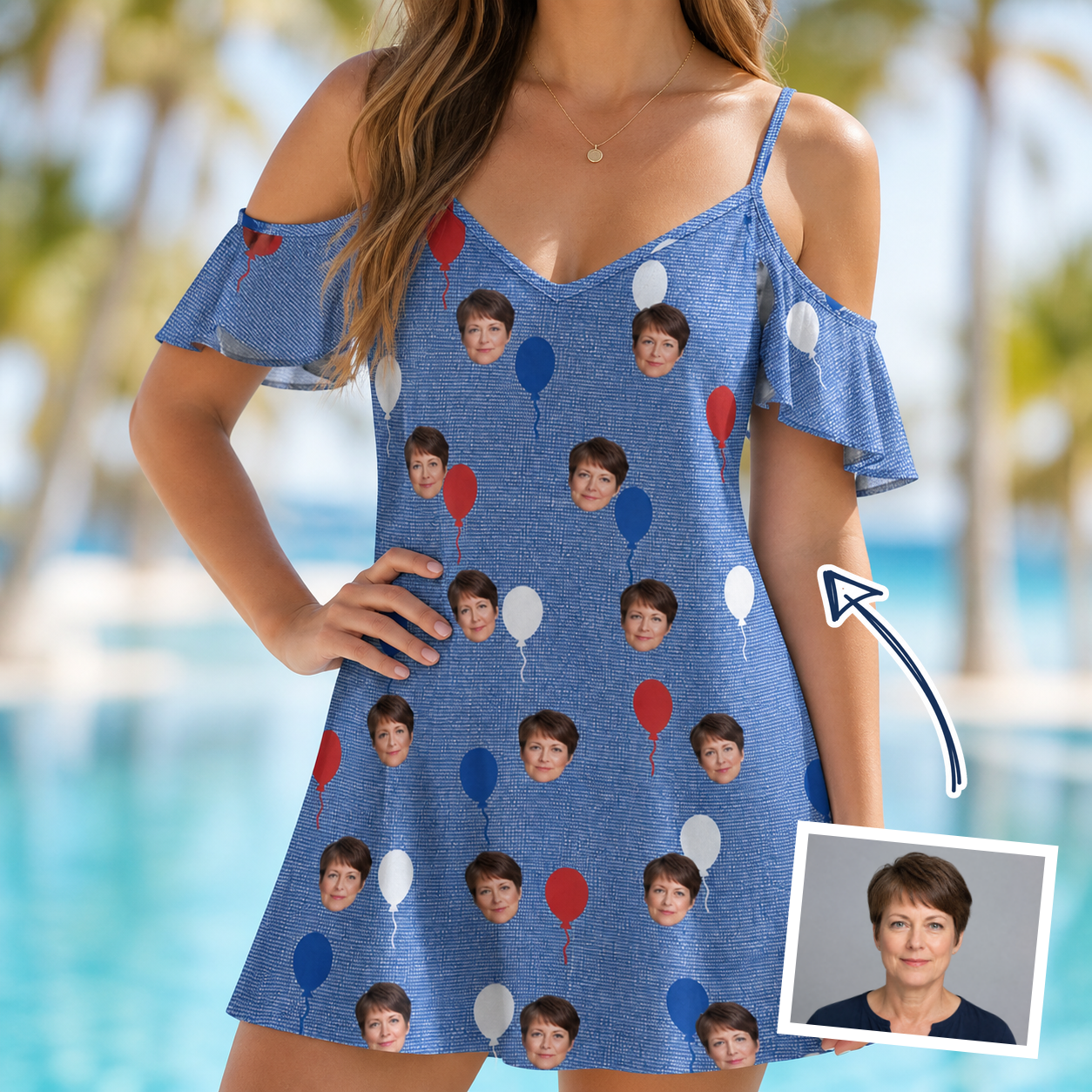 Woman wearing Women's Patriot Pop Custom Face Off-Shoulder Dress — custom faces printed all-over