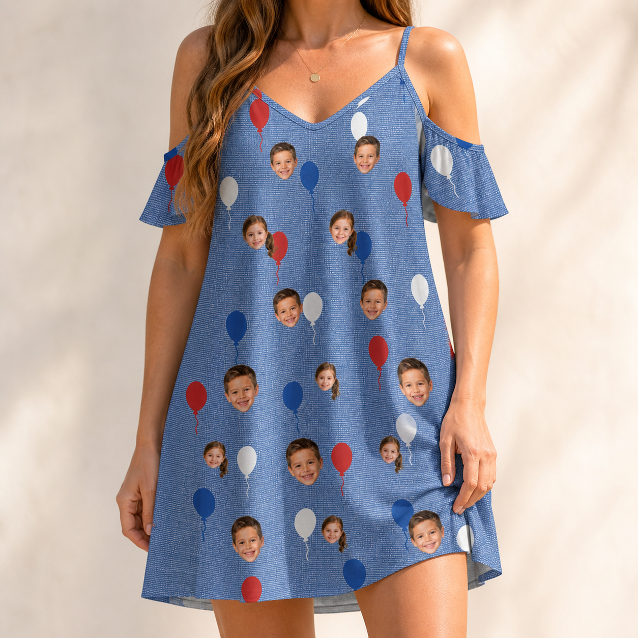 Model wearing Women's Patriot Pop Custom Face Off-Shoulder Dress printed with kids' faces
