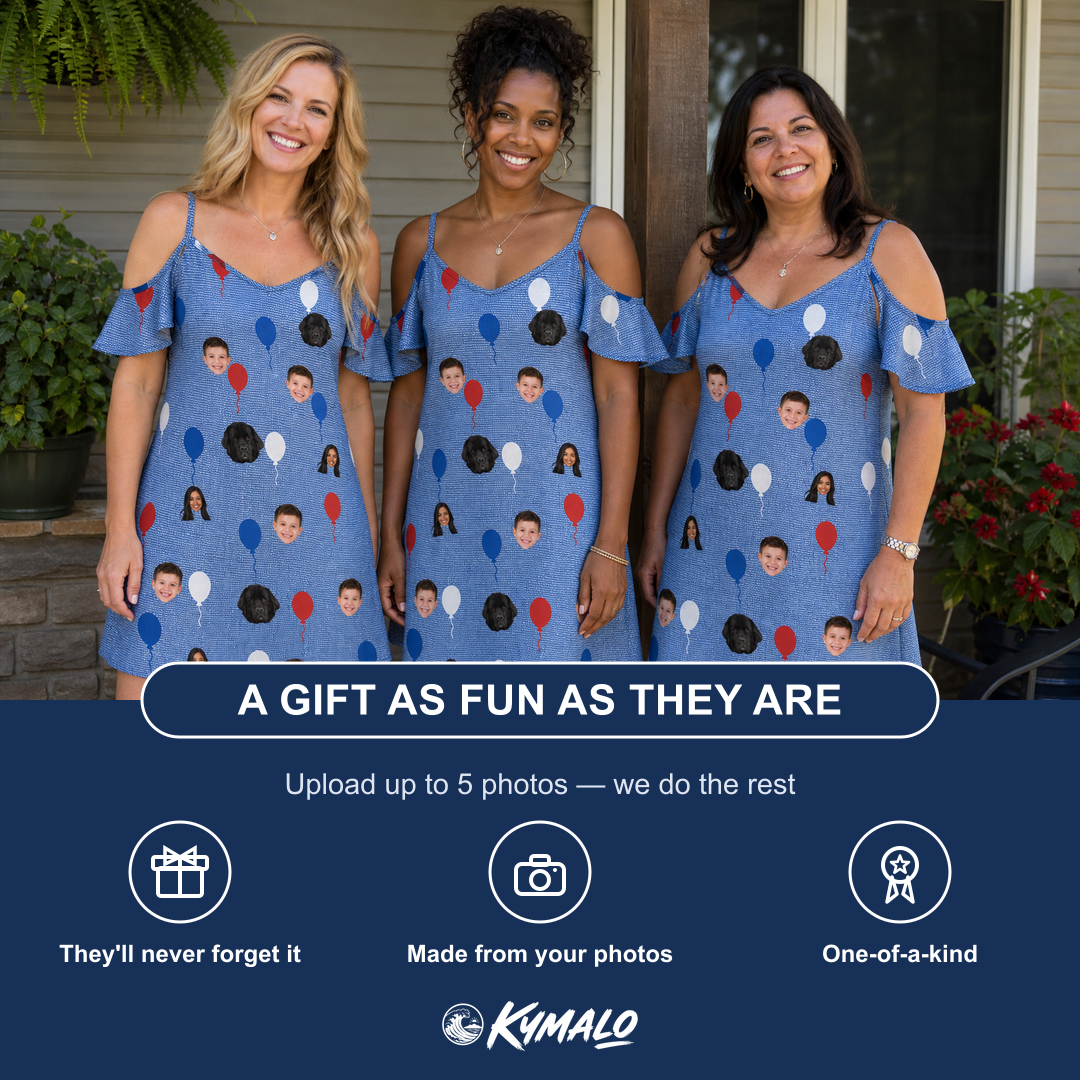 Friends in matching Women's Patriot Pop Custom Face Off-Shoulder Dress — a group gift photo