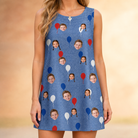 Model wearing Women's Patriot Pop Custom Face Tank Dress printed with kids' faces