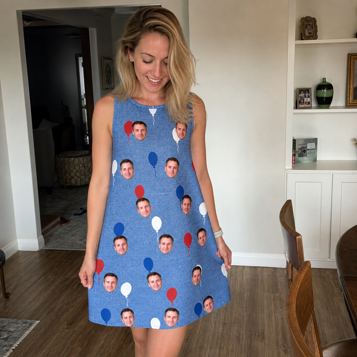 Real-life photo of someone wearing Women's Patriot Pop Custom Face Tank Dress — custom faces printed all-over