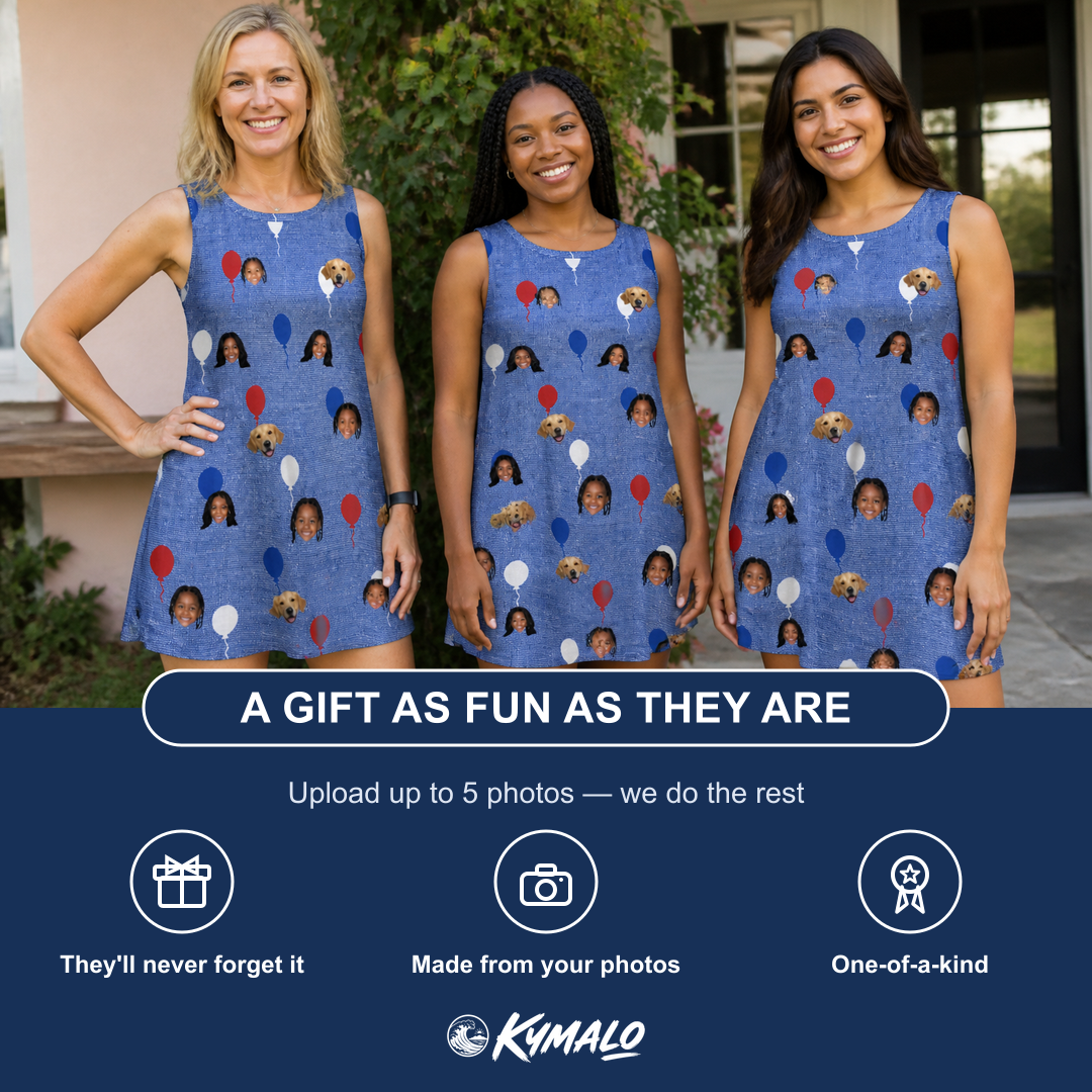 Friends in matching Women's Patriot Pop Custom Face Tank Dress — a group gift photo