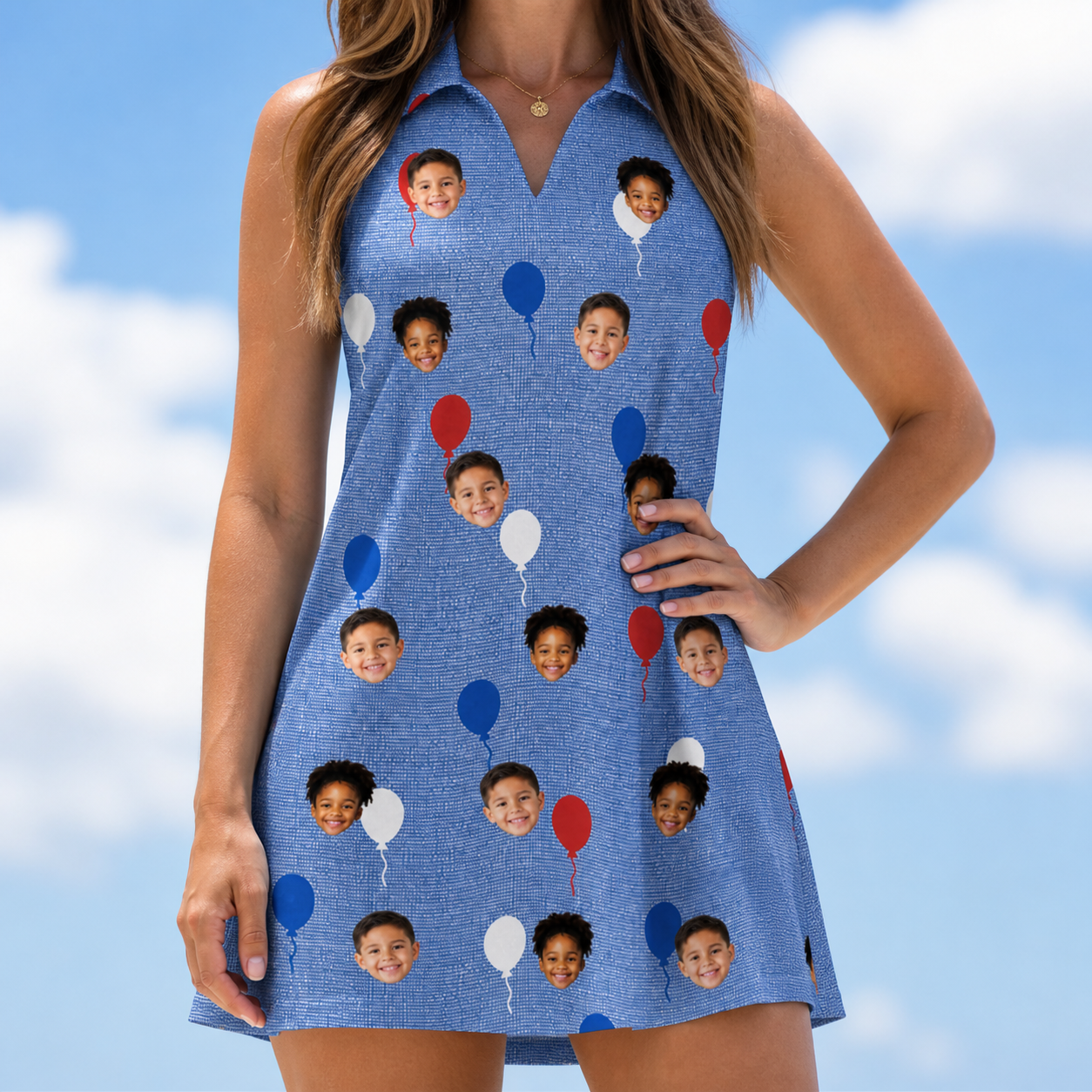 Model wearing Women's Patriot Pop Custom Face V-Neck Dress printed with kids' faces