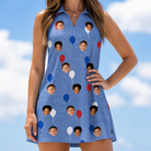 Model wearing Women's Patriot Pop Custom Face V-Neck Dress printed with kids' faces