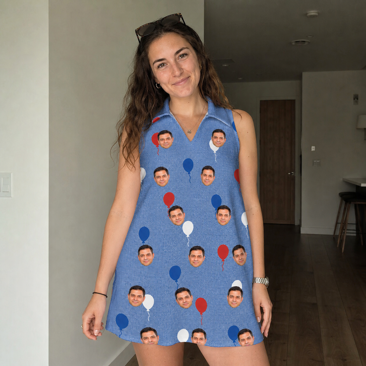 Real-life photo of someone wearing Women's Patriot Pop Custom Face V-Neck Dress — custom faces printed all-over