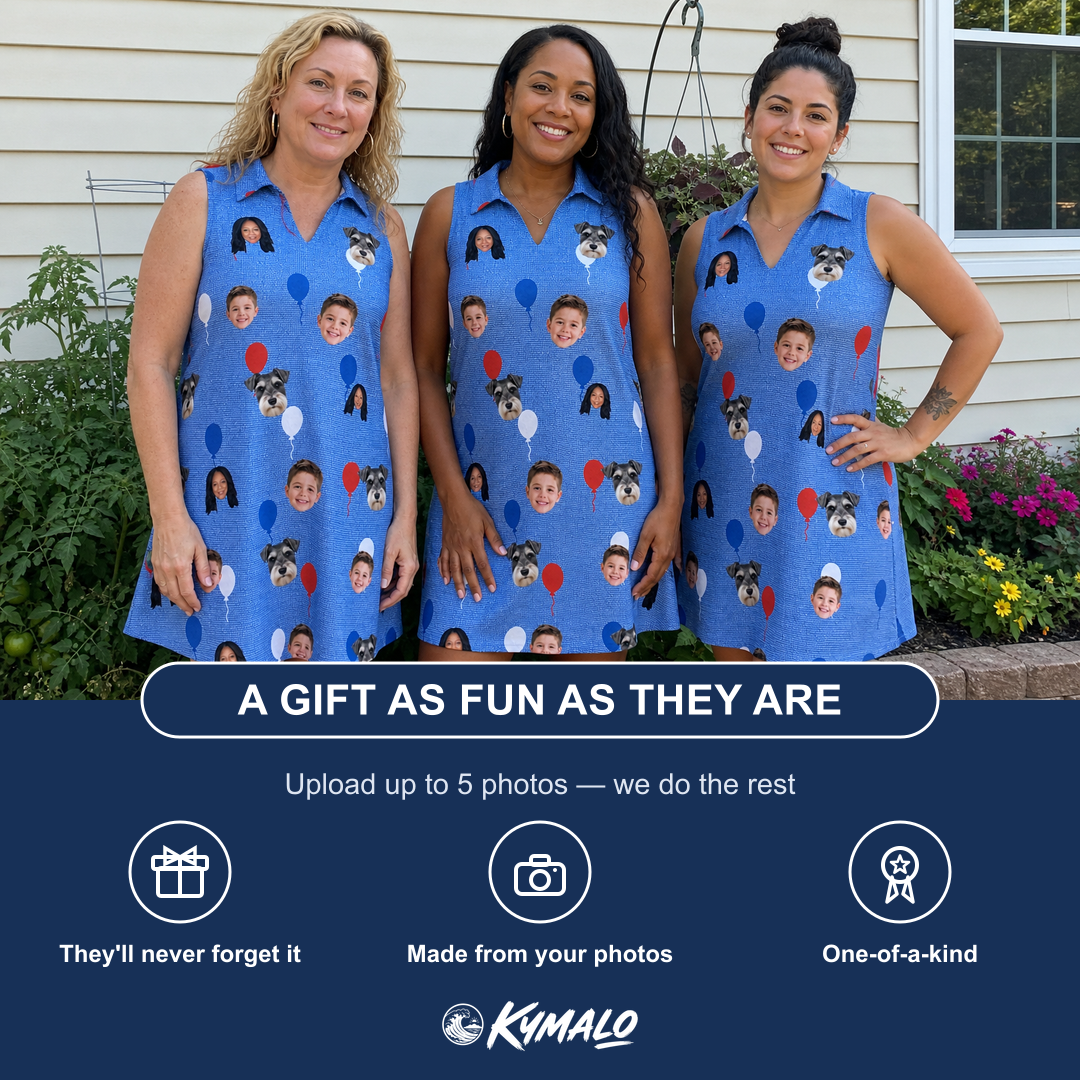 Friends in matching Women's Patriot Pop Custom Face V-Neck Dress — a group gift photo