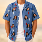 Man wearing Men's Patriot Pop Custom Face Hawaiian Shirt open over a white tee