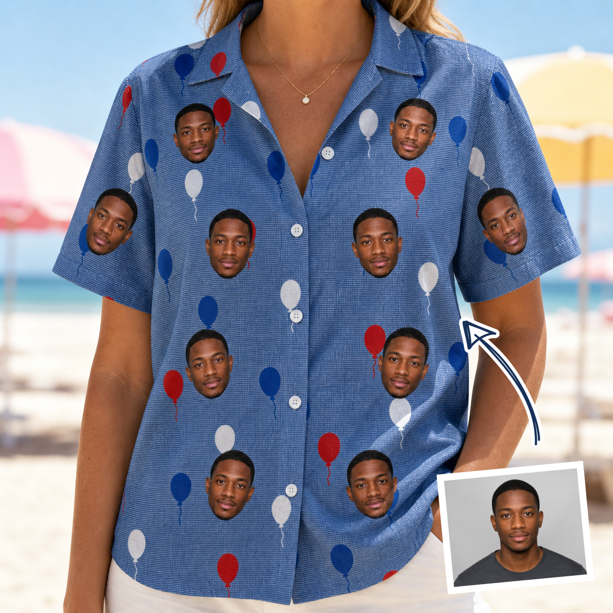 Woman wearing Women's Patriot Pop Custom Face Hawaiian Shirt — custom faces printed all-over