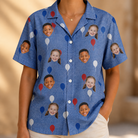Model wearing Women's Patriot Pop Custom Face Hawaiian Shirt printed with kids' faces