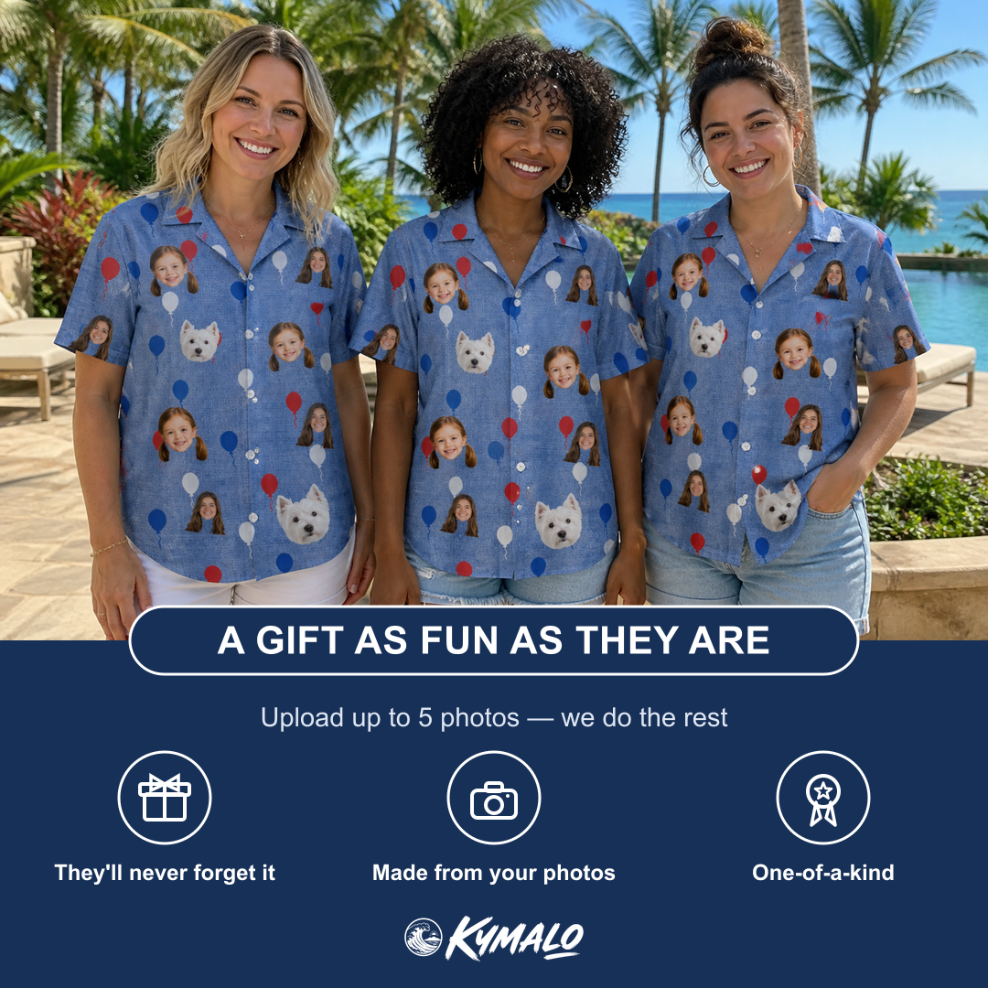 Friends in matching Women's Patriot Pop Custom Face Hawaiian Shirt — a group gift photo