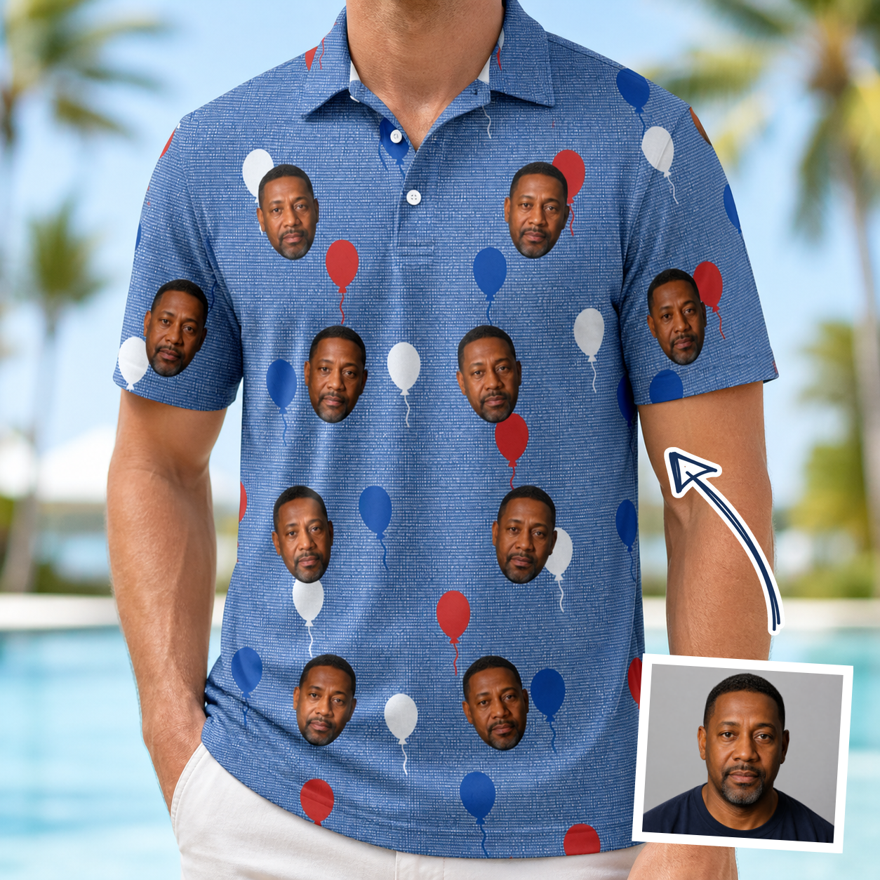Man wearing Men's Patriot Pop Custom Face Polo Shirt — custom faces printed all-over