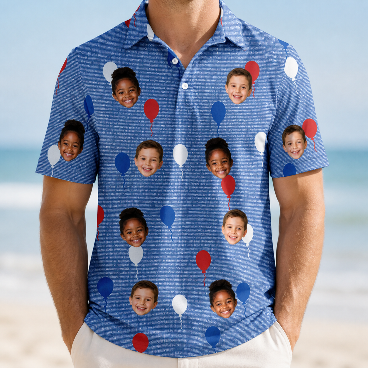 Model wearing Men's Patriot Pop Custom Face Polo Shirt printed with kids' faces