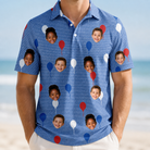 Model wearing Men's Patriot Pop Custom Face Polo Shirt printed with kids' faces