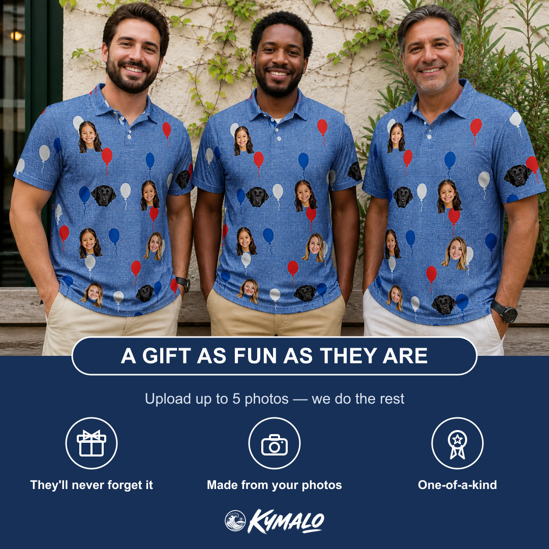 Friends in matching Men's Patriot Pop Custom Face Polo Shirt — a group gift photo