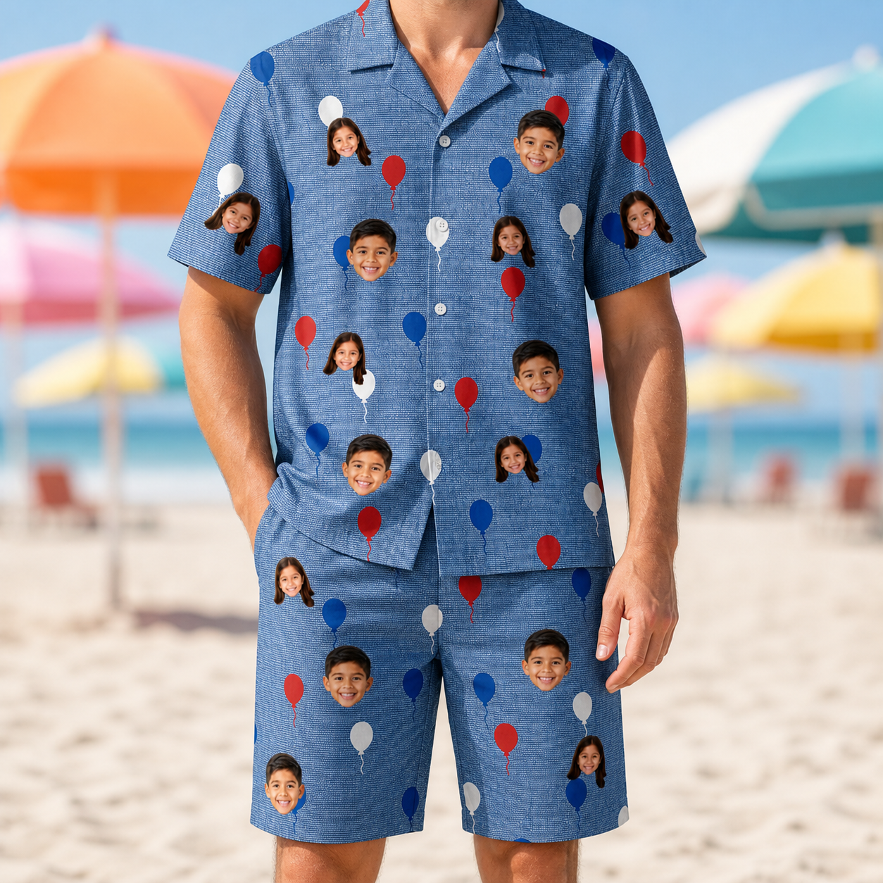 Model wearing Men's Patriot Pop Custom Face Shirt & Shorts Set printed with kids' faces