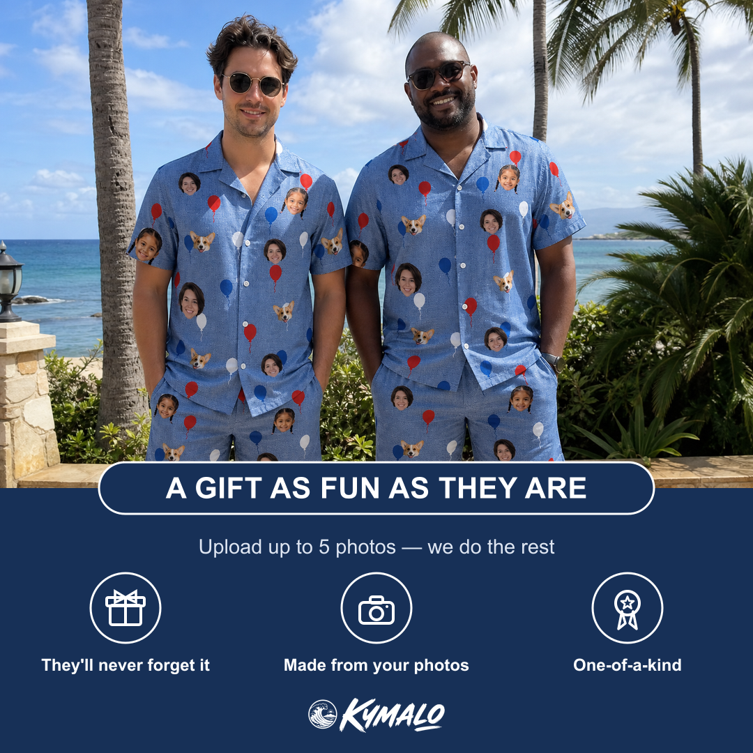 Friends in matching Men's Patriot Pop Custom Face Shirt & Shorts Set — a group gift photo