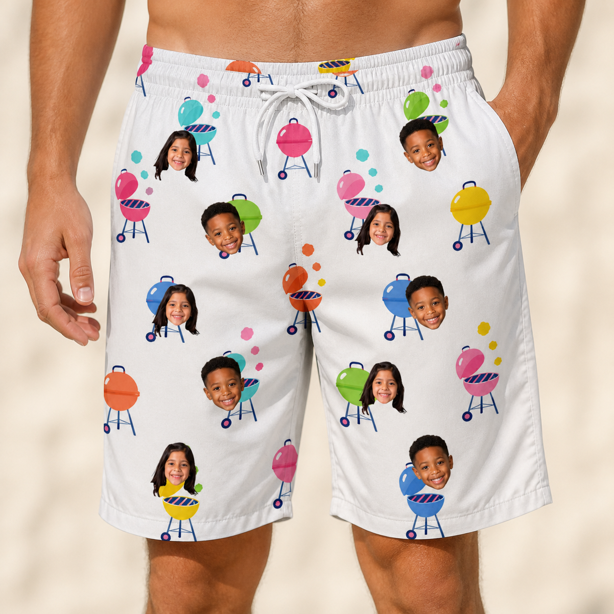 Model wearing Men's Cousin Cookout Custom Face Beach Shorts printed with kids' faces
