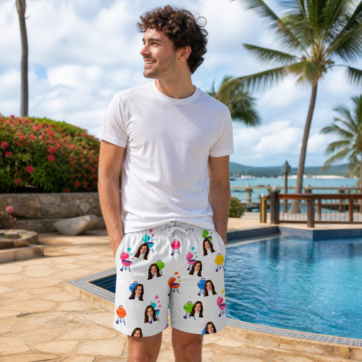 Real-life photo of someone wearing Men's Cousin Cookout Custom Face Beach Shorts — custom faces printed all-over