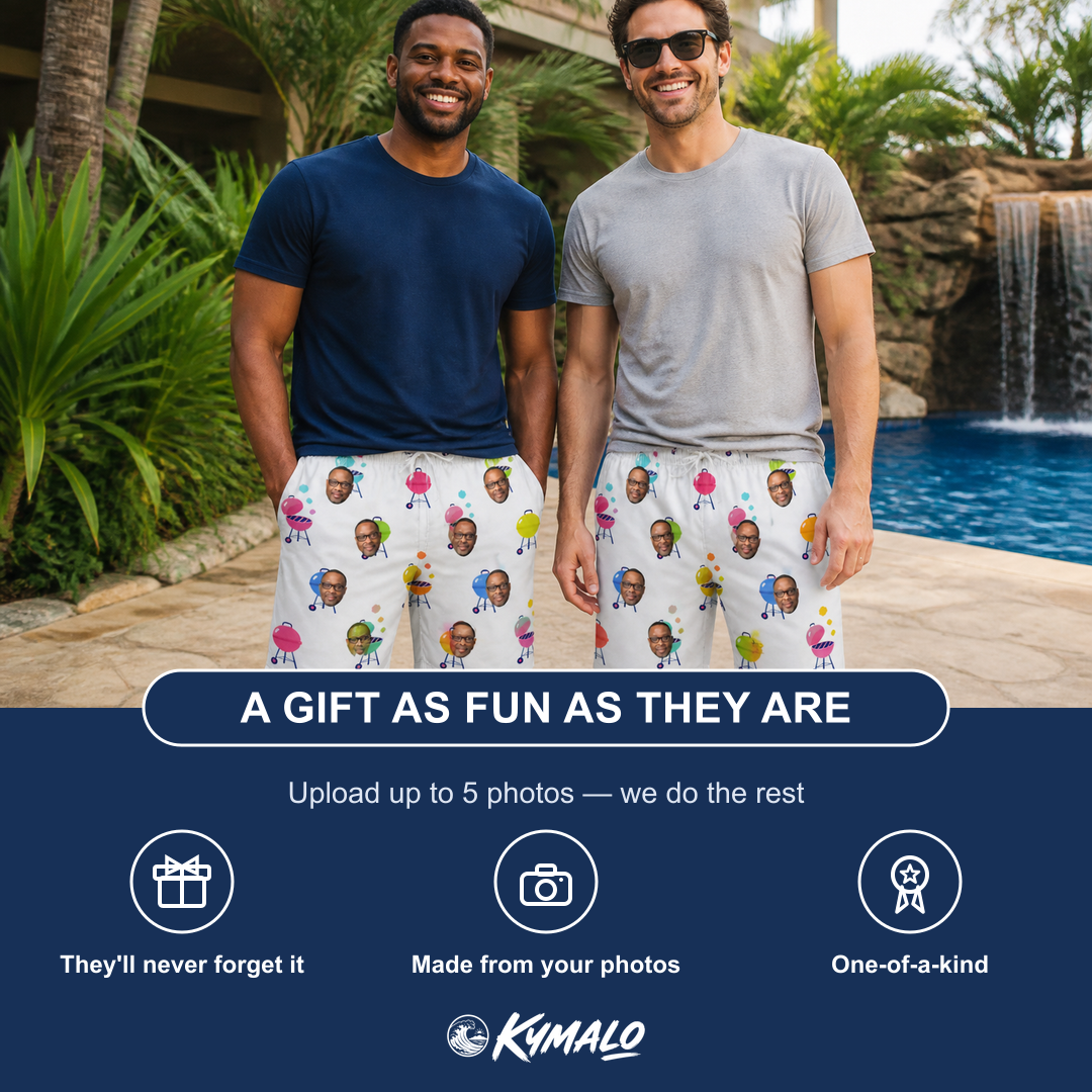 Friends in matching Men's Cousin Cookout Custom Face Beach Shorts — a group gift photo