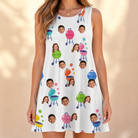 Model wearing Women's Cousin Cookout Custom Face Tank Dress printed with kids' faces