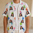 Man wearing Men's Cousin Cookout Custom Face Hawaiian Shirt open over a white tee