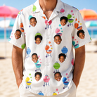 Model wearing Men's Cousin Cookout Custom Face Hawaiian Shirt printed with kids' faces