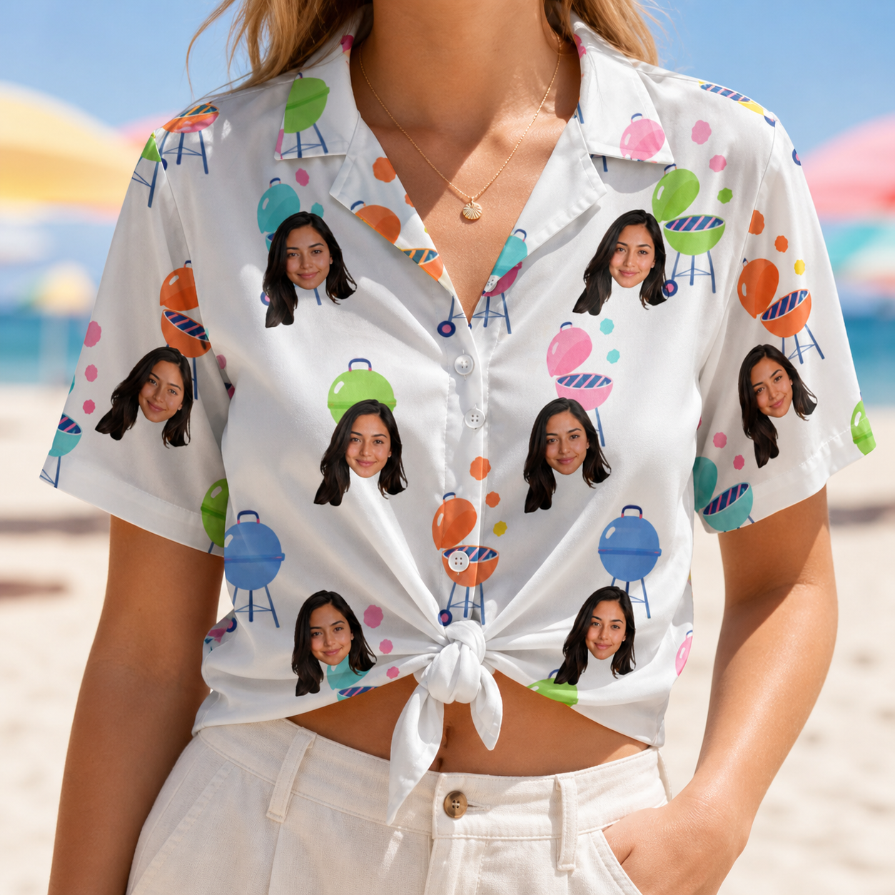 Woman wearing Women's Cousin Cookout Custom Face Hawaiian Shirt tied at the waist