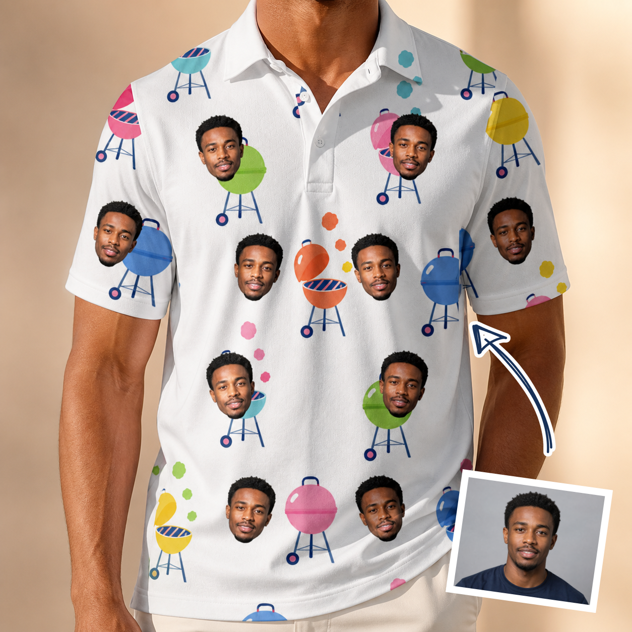Man wearing Men's Cousin Cookout Custom Face Polo Shirt — custom faces printed all-over