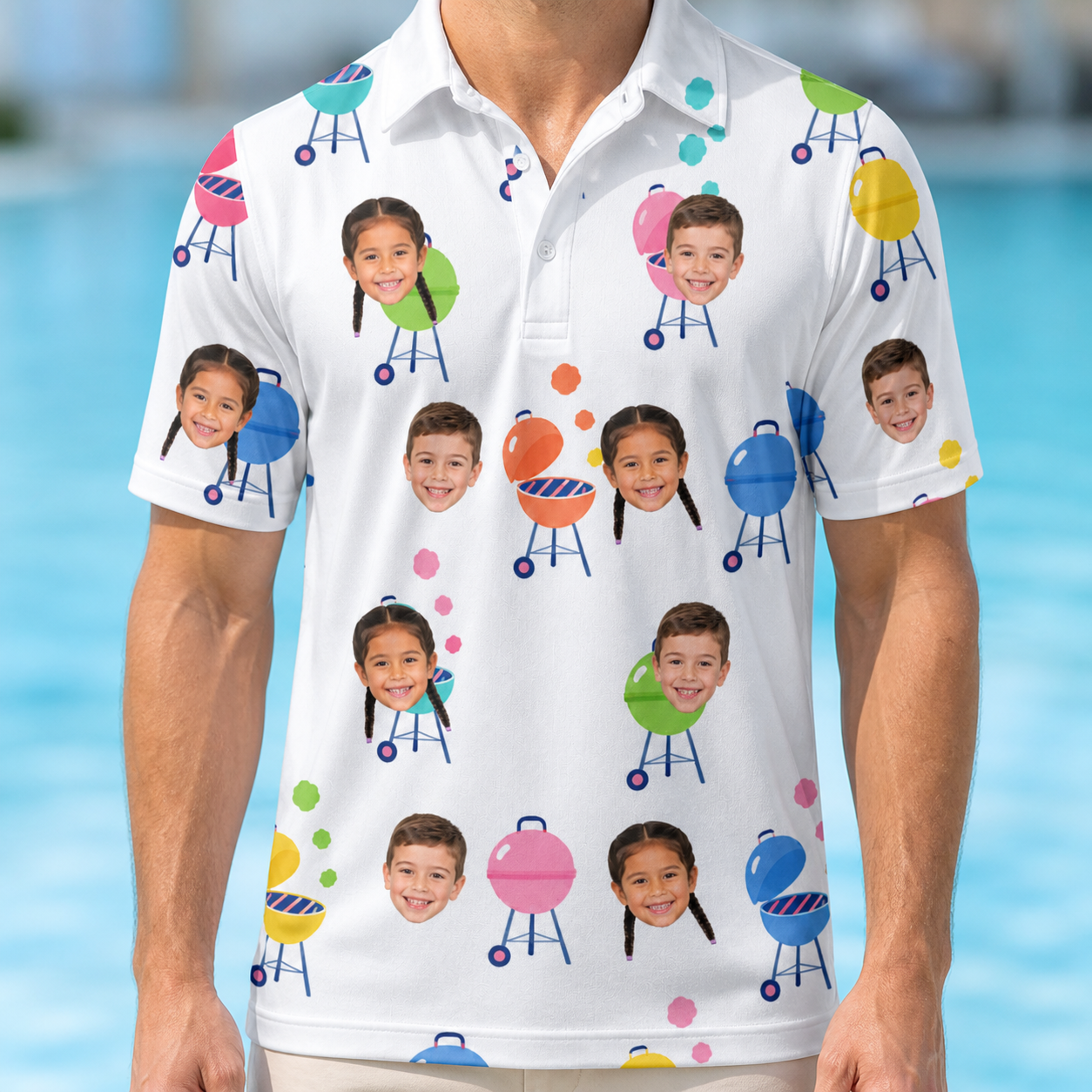Model wearing Men's Cousin Cookout Custom Face Polo Shirt printed with kids' faces