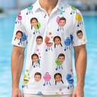 Model wearing Men's Cousin Cookout Custom Face Polo Shirt printed with kids' faces