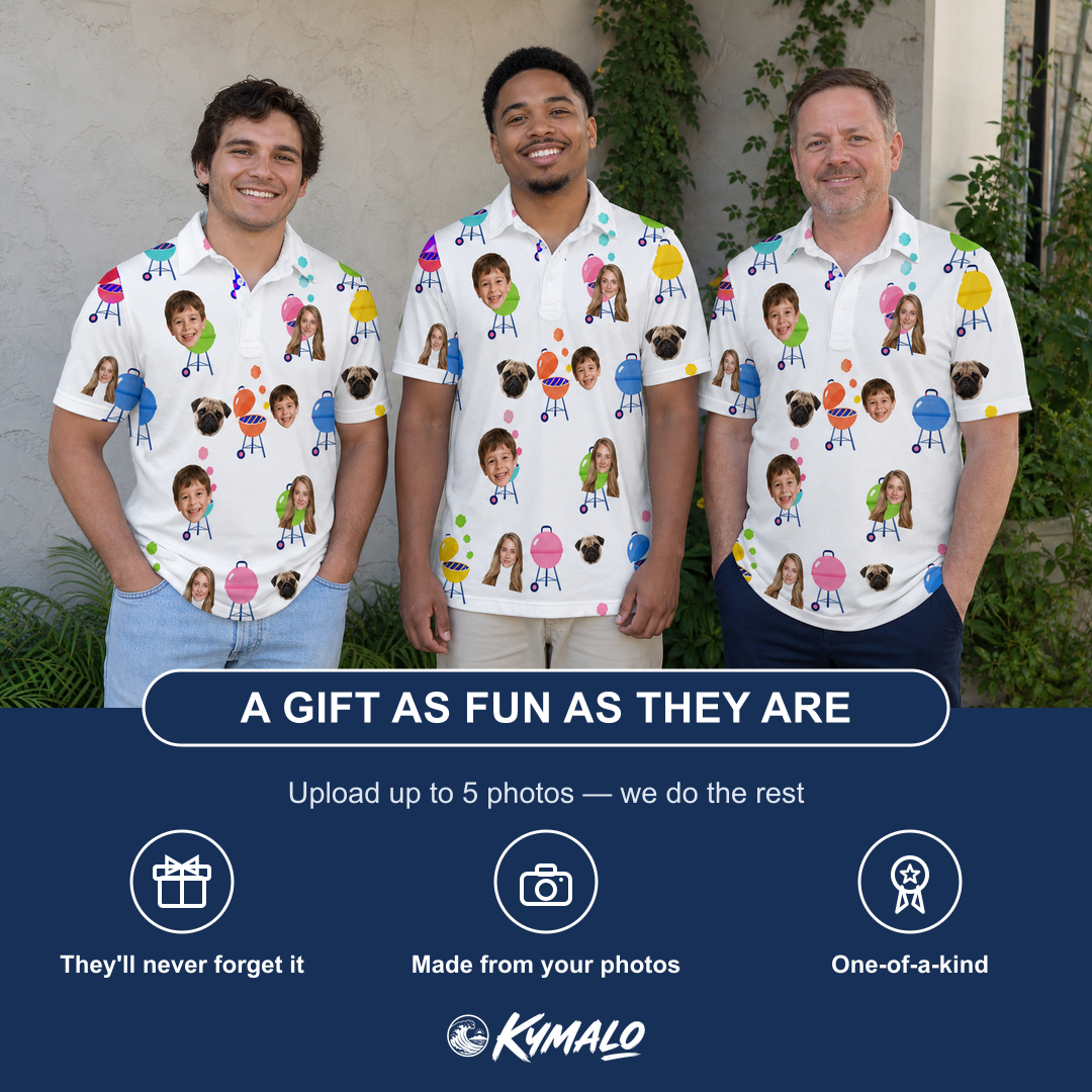 Friends in matching Men's Cousin Cookout Custom Face Polo Shirt — a group gift photo